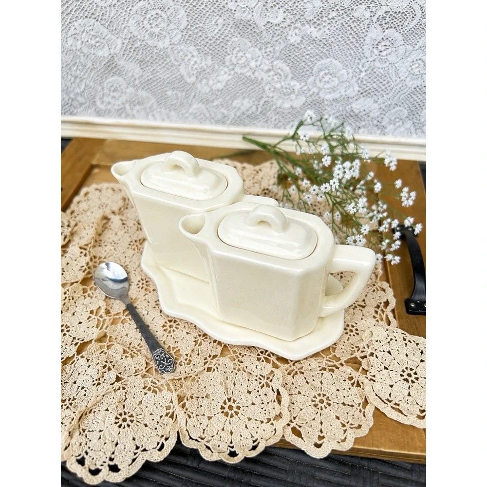 2001 RESTORATION HARDWARE CREAM STONEWARE TEA FOR TWO TEAPOTS SET WITH TRIVET